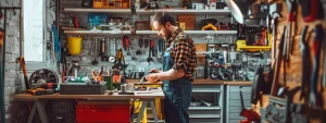 a reliable handyman showing a homeowner various tools and giving home repair tips.